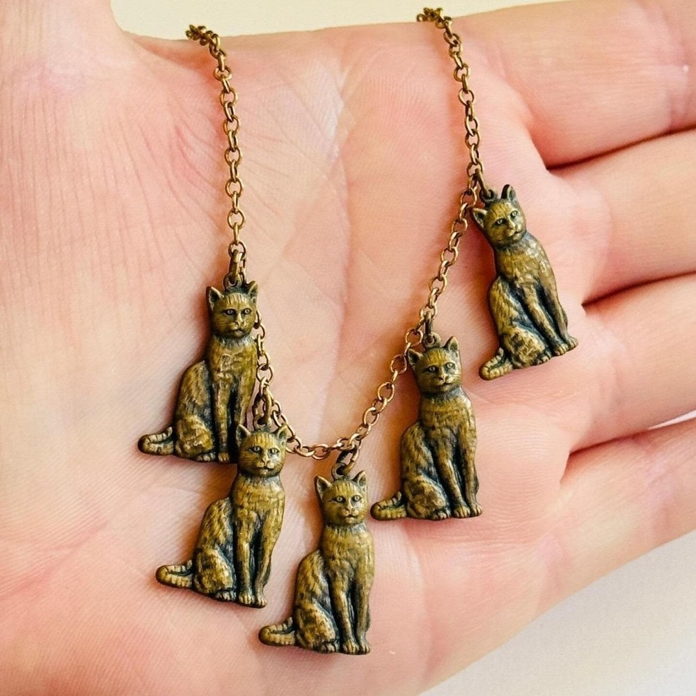 VTG Pididdly Links Cat Lovers Charm dangle Necklace chain fringe Gold Fringe 15"